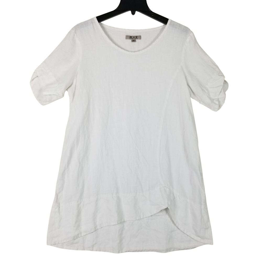 FLAX Linen Tunic Top Womens Small White Asymmetrical Hem Short Sleeve 267S